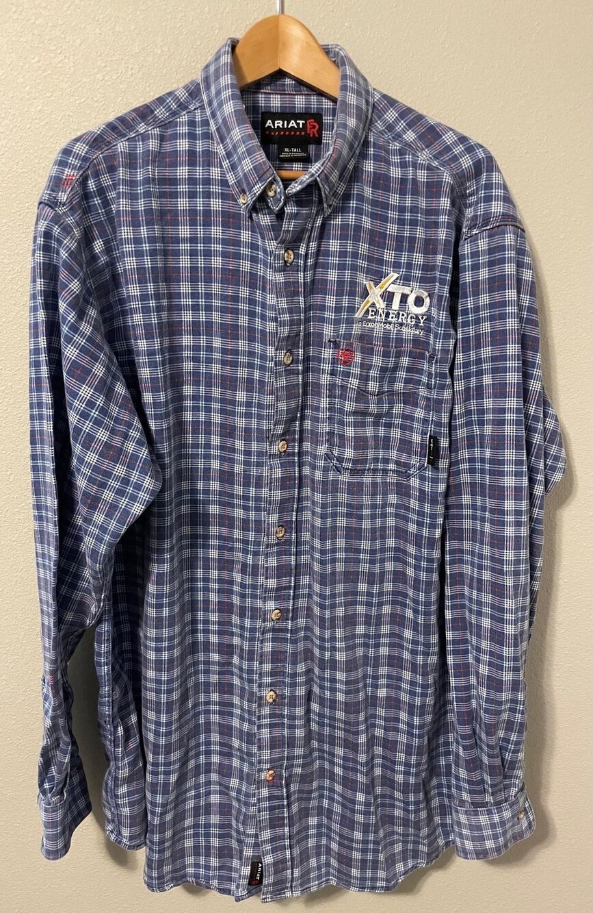 Ariat FR Shirt Mens XLT Tall Blue Plaid Flame Resistant CAT 2 Button Up Workwear